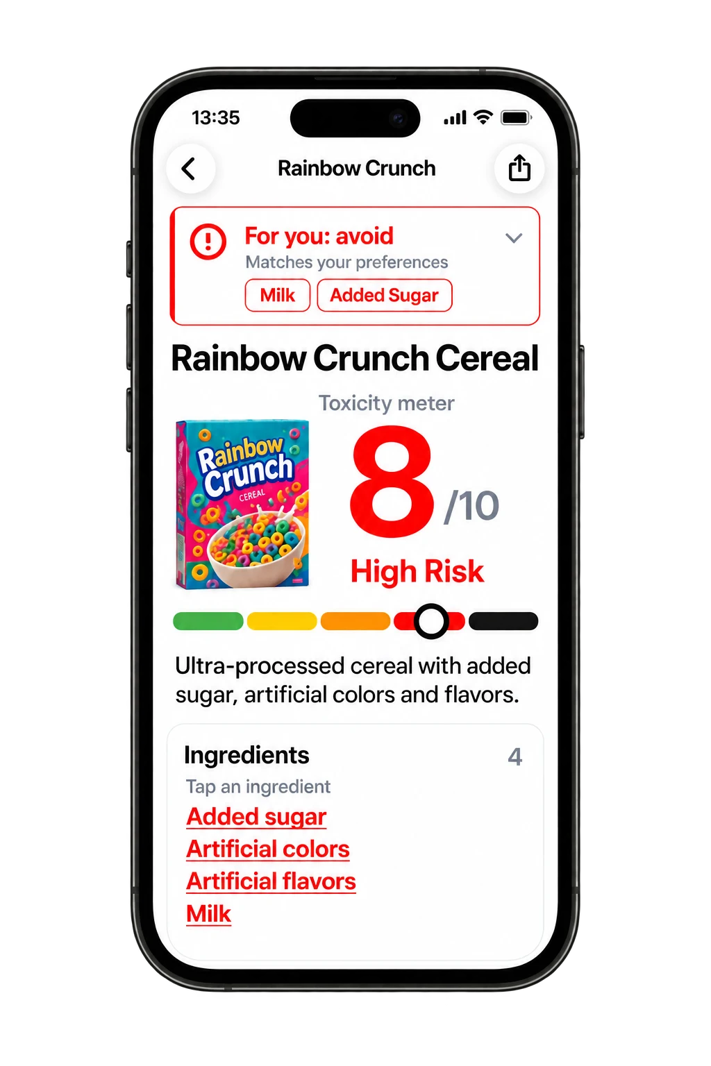 Toxic Scan cereal result with ingredient and preference flags