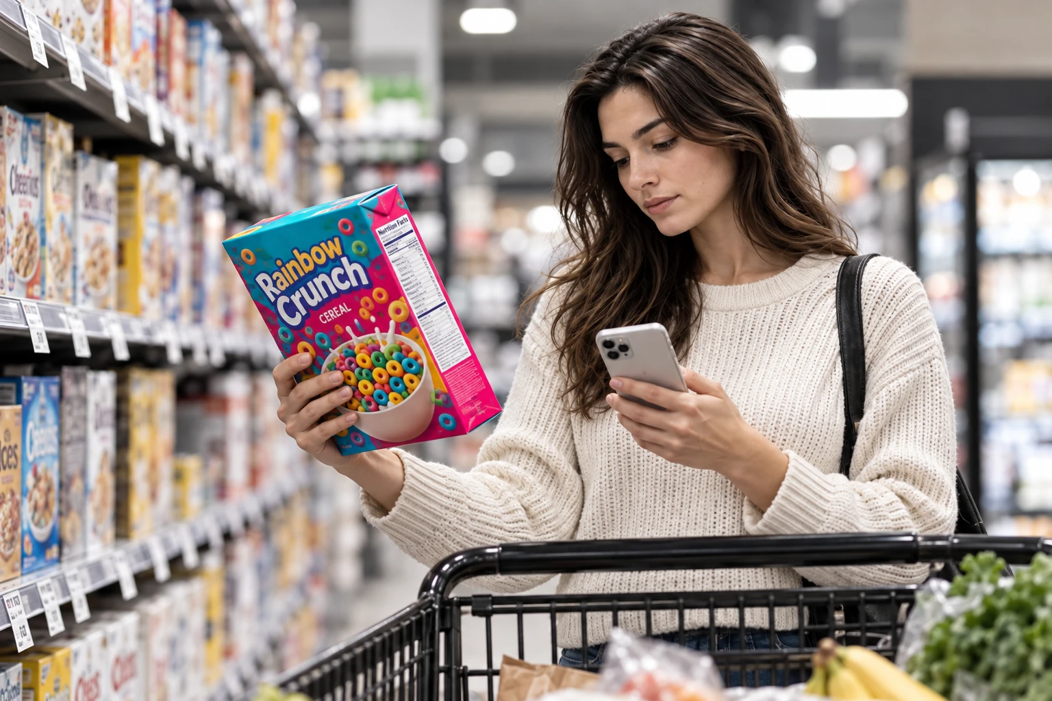 Grocery shopper checking cereal packaging with her phone